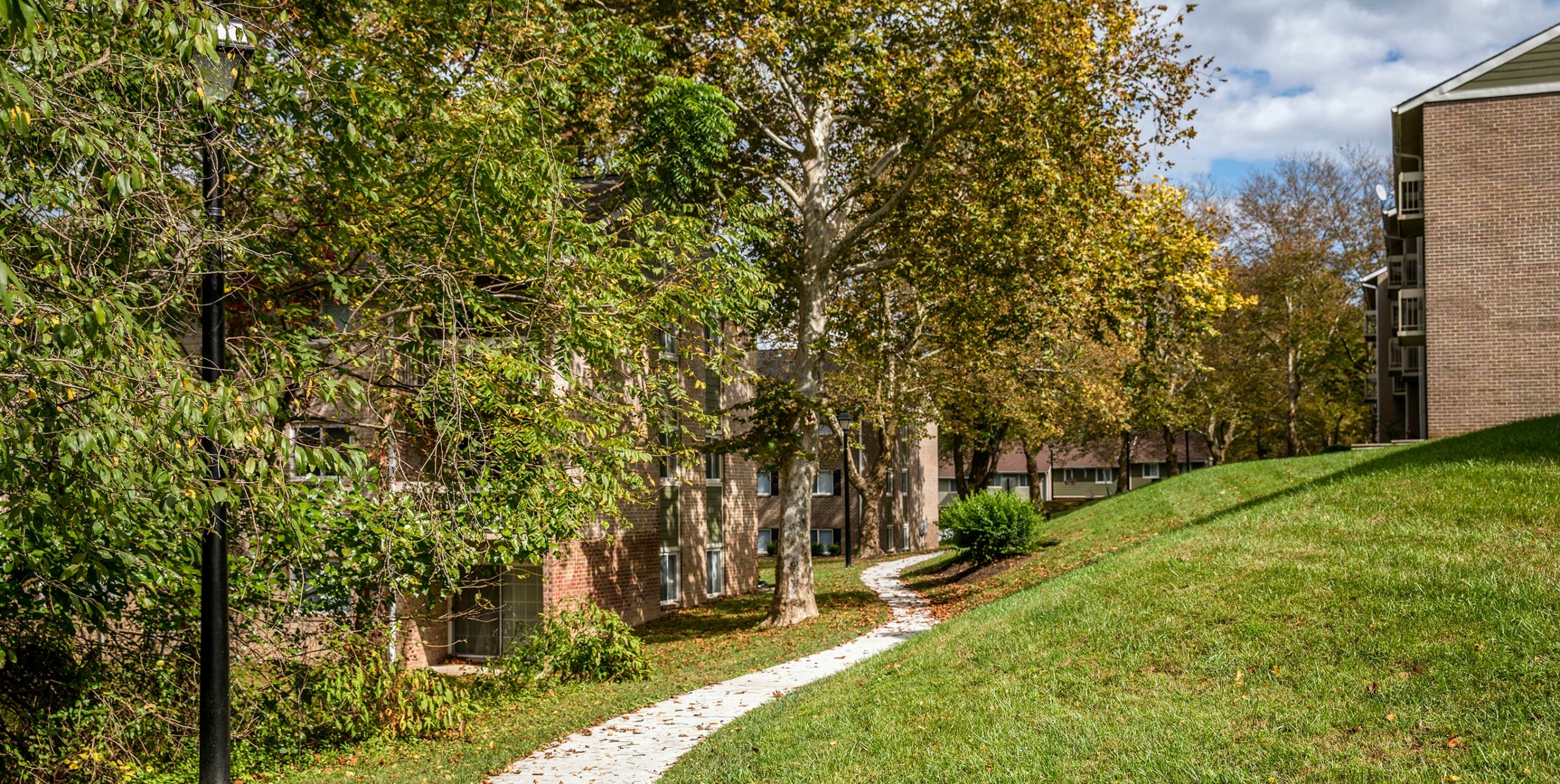 The Brook at Columbia sidewalk around building