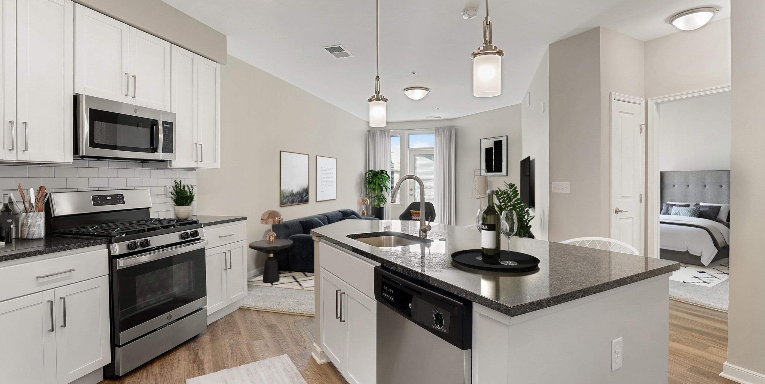 Kitchen with Island and Gray granite countertops