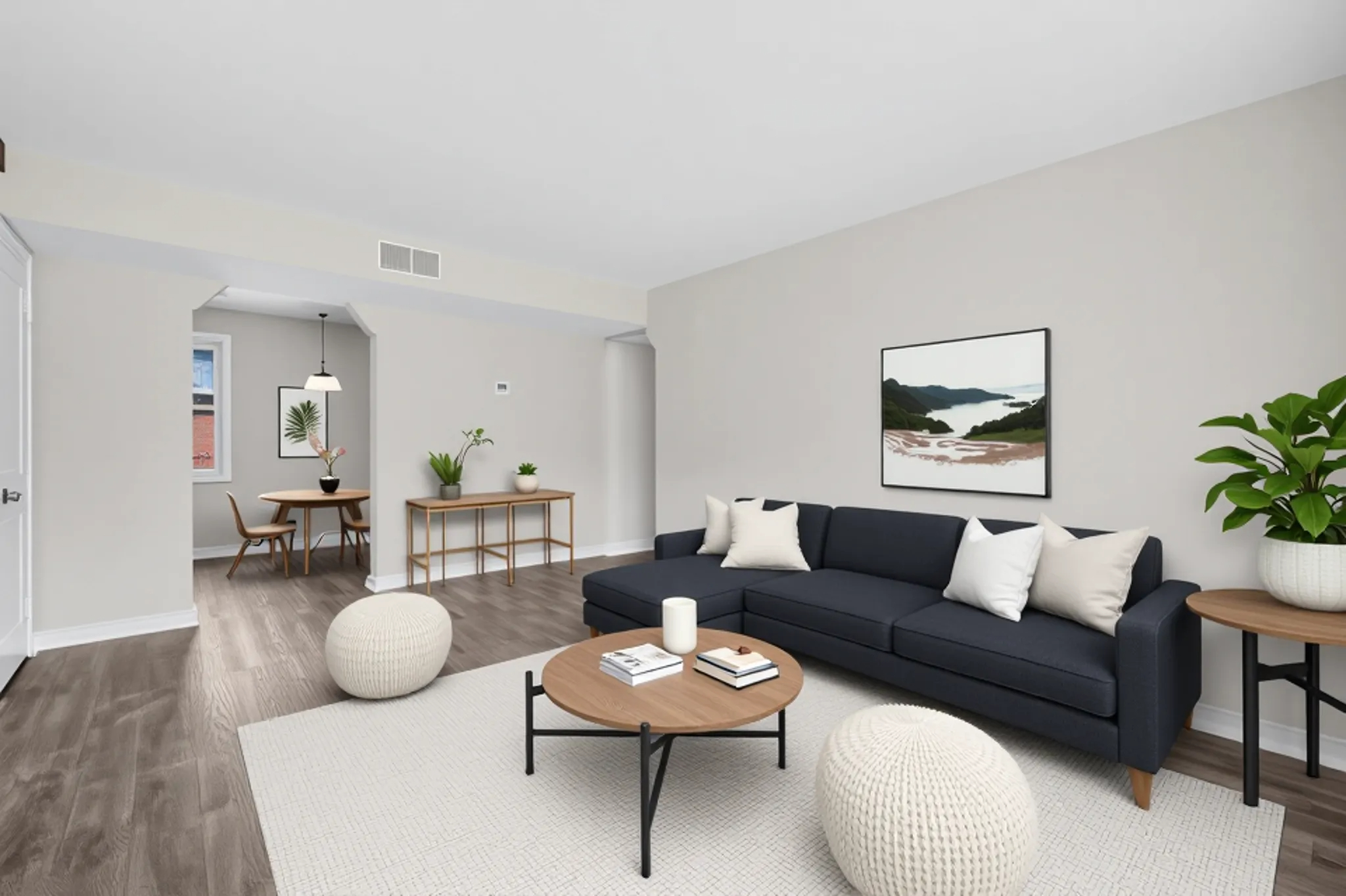 Living Room with black sofa and coffee table