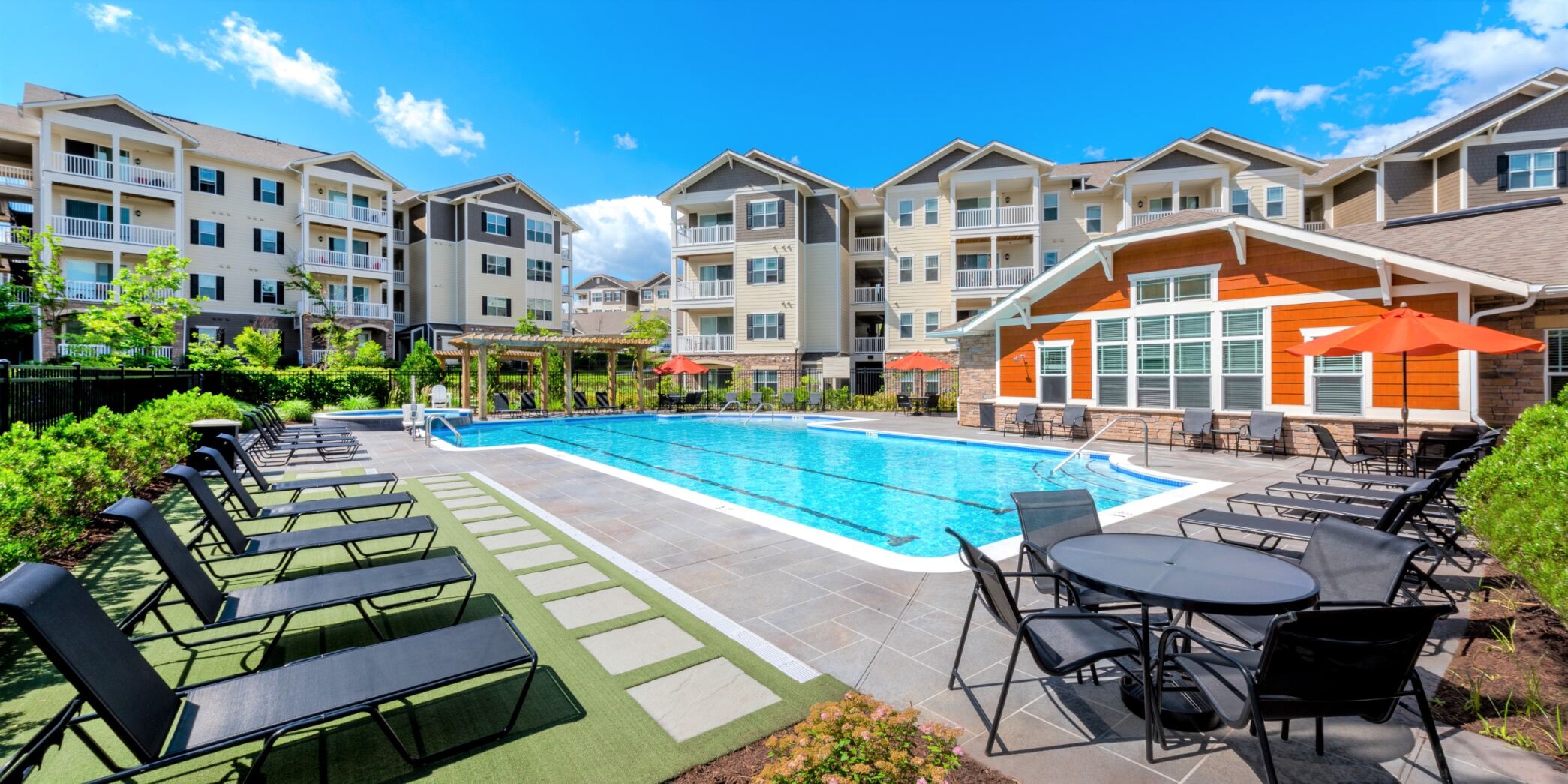 Pool with buildings in background